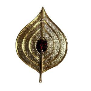 Vintage MCM Mid Century Modern Leaf Brooch Pin Gold Tone Red Rhinestone Retro